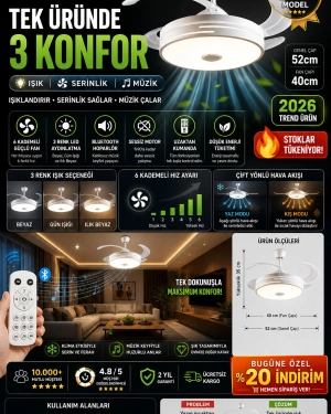 Etrion LED Tavan Fanı Bluetooth Hoparlörlü | 3 Renk Işık, 6 Kademe Hız, Uzaktan Kumandalı, Sessiz Motor, Modern Avize Fan