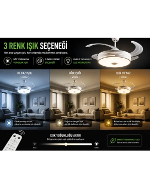 Etrion LED Tavan Fanı Bluetooth Hoparlörlü | 3 Renk Işık, 6 Kademe Hız, Uzaktan Kumandalı, Sessiz Motor, Modern Avize Fan