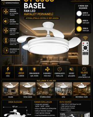 CATA CT-3003 Basel Fan LED Tavan Armatürü Kumandalı Hayalet Pervaneli 3 Renk LED