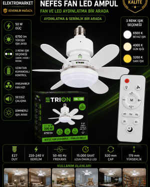 ETRION TRN-1300 Nefes Fan LED Ampul 50W Kumandalı Dimmerli E27 3 Renk 6750 Lümen