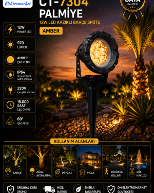 CATA CT-7304 PALMİYE 12W LED Kazıklı Bahçe Spotu (Amber) – IP64 Dış Mekan Peyzaj Aydınlatması