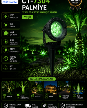 CATA CT-7304 Palmiye 12W LED Kazıklı Bahçe Spotu Yeşil IP64 Dış Mekan Aydınlatma