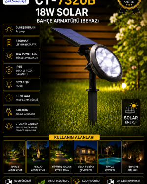 CATA CT-7320B 18W Solar Bahçe Armatürü Beyaz IP65 Güneş Enerjili Bahçe Lambası