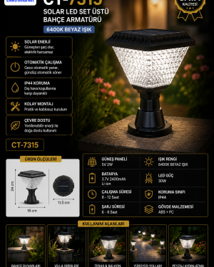 CATA CT-7315 Solar LED Set Üstü Bahçe Armatürü 30W 6400K Beyaz IP44 Güneş Enerjili Dış Mekan Aydınlatma