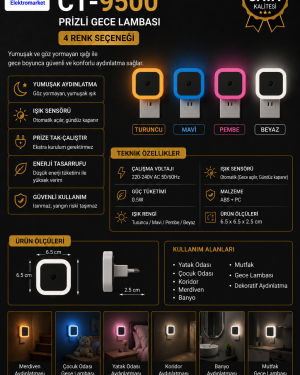 CATA CT-9500 Prizli Gece Lambası Işık Sensörlü 4 Renk Seçenekli (Turuncu - Mavi - Pembe - Beyaz)