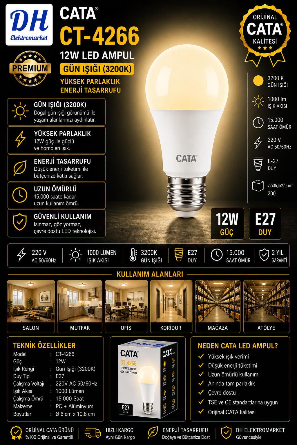 CATA CT-4266 12W LED Ampul Gün Işığı (3200K) E27