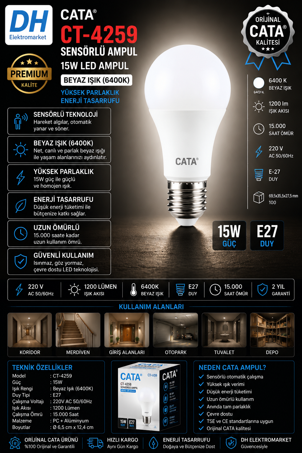 CATA CT-4259 15W Sensörlü LED Ampul E27 Beyaz Işık (6400K)