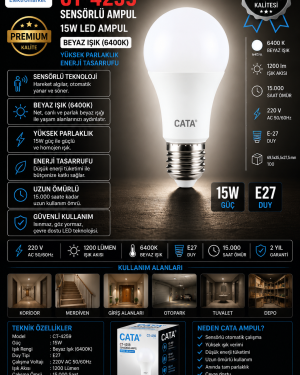 CATA CT-4259 15W Sensörlü LED Ampul E27 Beyaz Işık (6400K)