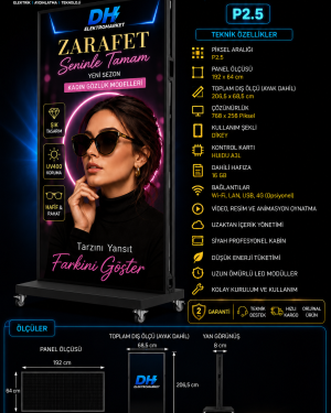 P2.5 İç Mekan LED Reklam Ekranı 192×64 cm | 768×256 Piksel | Wi-Fi Kontrollü | Tekerlekli