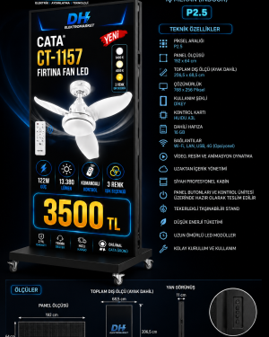 P2.5 İç Mekan LED Reklam Ekranı 192×64 cm | 768×256 Piksel | Wi-Fi Kontrollü | Tekerlekli