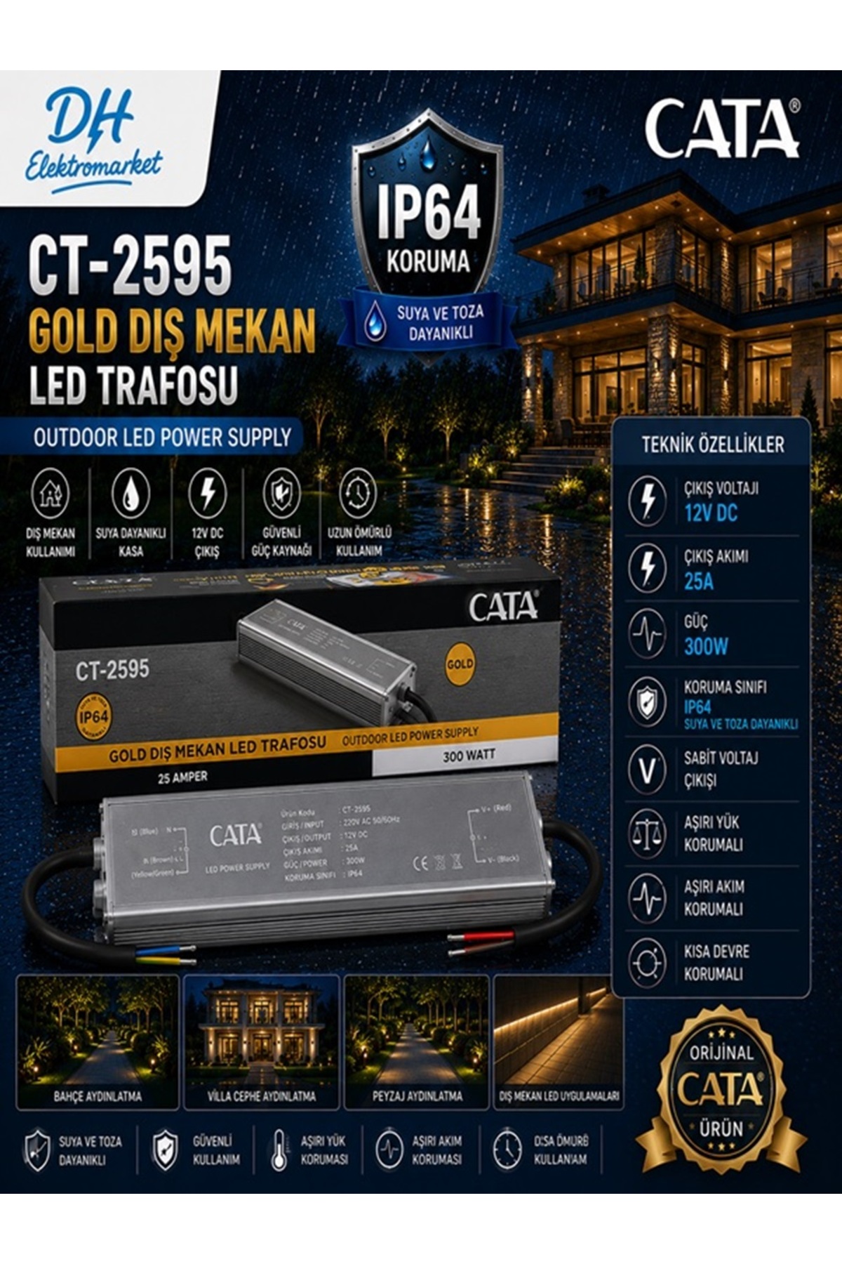 CATA CT-2595 Gold Dış Mekan LED Trafosu 300W 25A 12V DC IP64