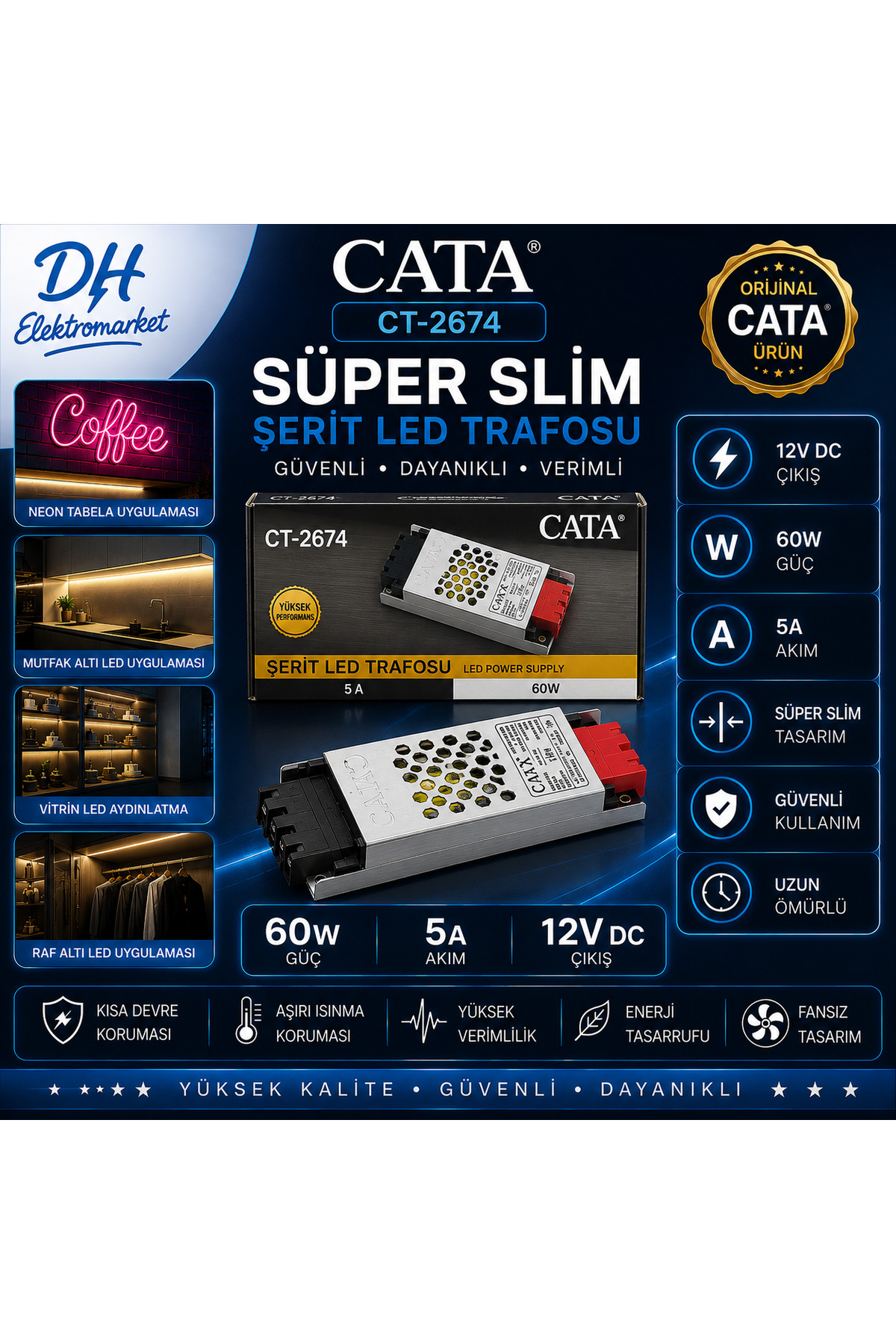 CATA CT-2674 Süper Slim Şerit LED Trafosu 60W 5A 12V DC Orijinal
