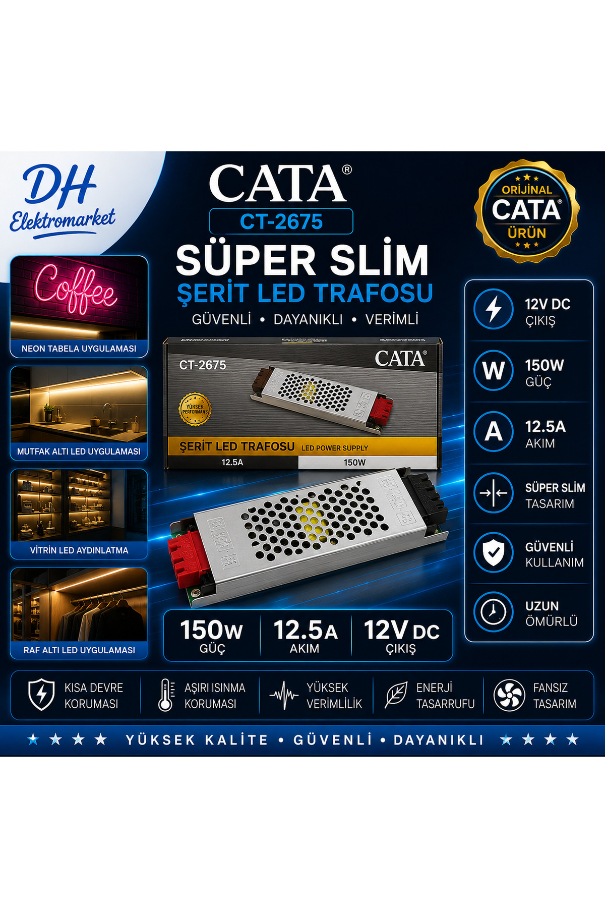 CATA CT-2675 Süper Slim Şerit LED Trafosu 150W 12.5A 12V DC