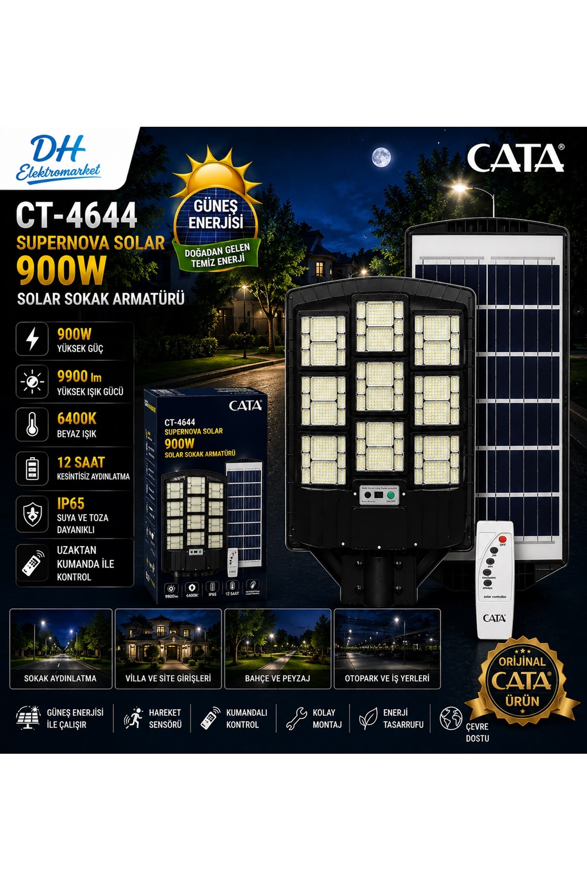 CATA CT-4644 Supernova Solar Sokak Armatürü 900W Kumandalı Sensörlü IP65