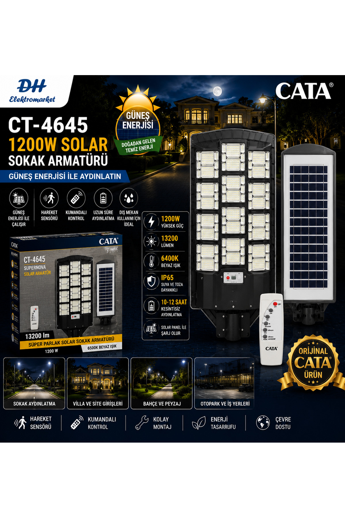 CATA CT-4645 Süpernova Solar Sokak Armatürü 1200W Kumandalı Sensörlü IP65