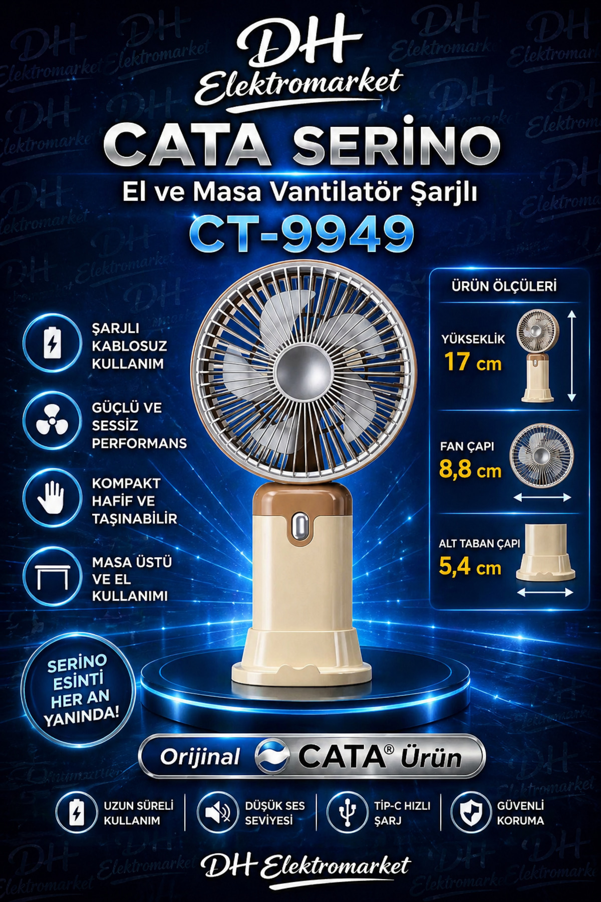CATA Serino CT-9949 Şarjlı El ve Masa Vantilatörü